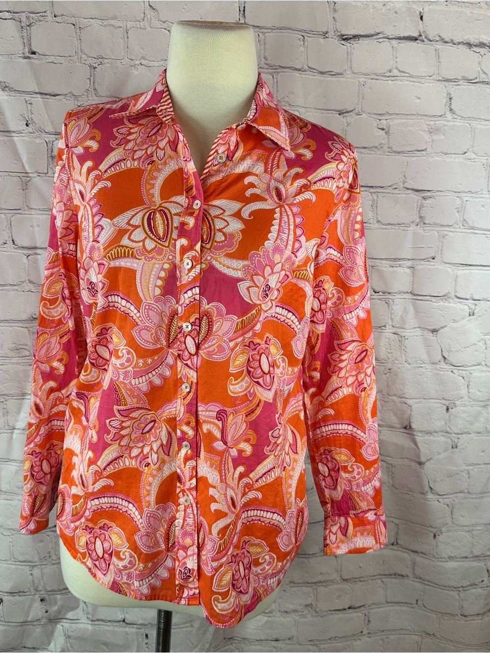 Talbots petite bright Paisley Button-up cotton Blouse coastal grandma boho Sp